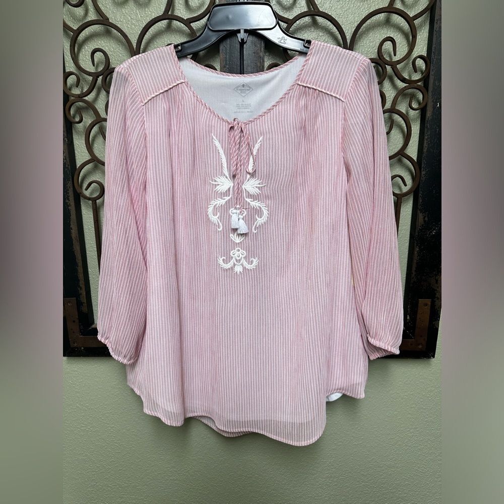 St. John’s Bay embroidered detail tie vneck pink/white pin striped blouse